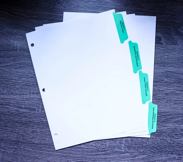 Collated index tab set with teal Mylar tabs stepped in sequence