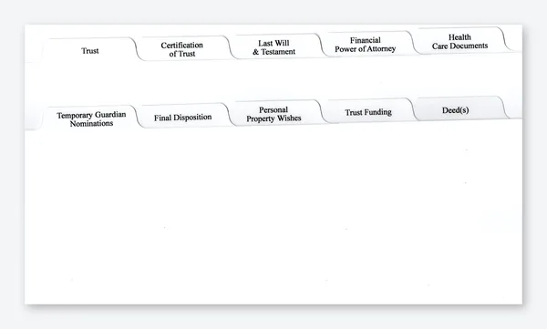 Printed estate planning binder tabs, 10-tab set: Trust, Certification of Trust, Last Will & Testament, Financial Power of Attorney, Health Care Documents, Temporary Guardian Nominations, Final Disposition, Personal Property Wishes, Trust Funding, Deeds — clear Mylar on white index stock