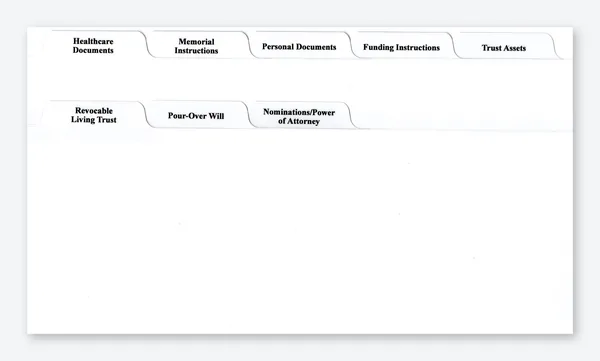Printed estate planning binder tabs, 8-tab set: Healthcare Documents, Memorial Instructions, Personal Documents, Funding Instructions, Trust Assets, Revocable Living Trust, Pour-Over Will, Nominations/Power of Attorney — clear Mylar on white index stock