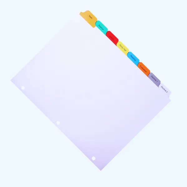 Angled view of a multicolor Mylar index tab divider set showing the tab extensions