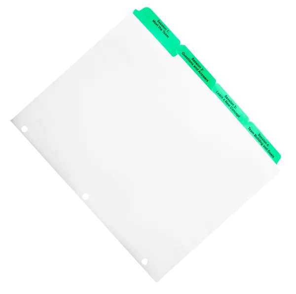 Angled paper index tab divider showing green Mylar tab extensions