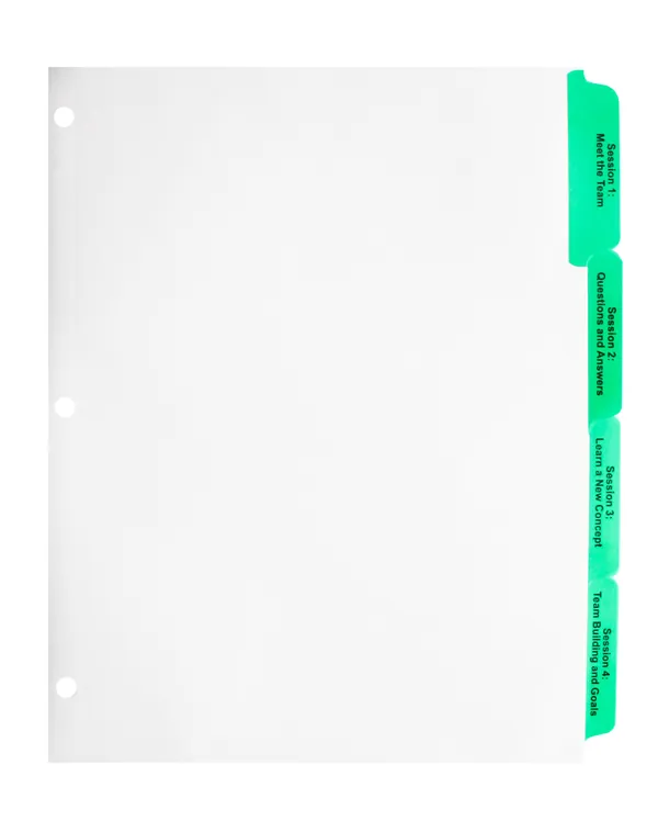Paper index tab divider with green Mylar reinforced tabs and three-hole punching