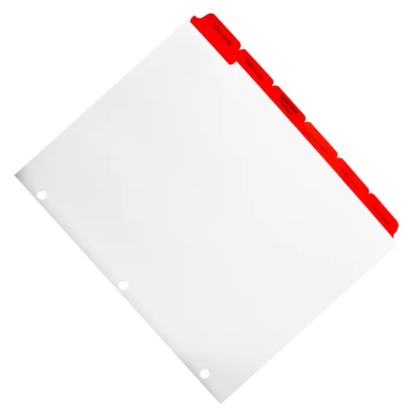 Angled paper index tab divider showing red Mylar tab extensions