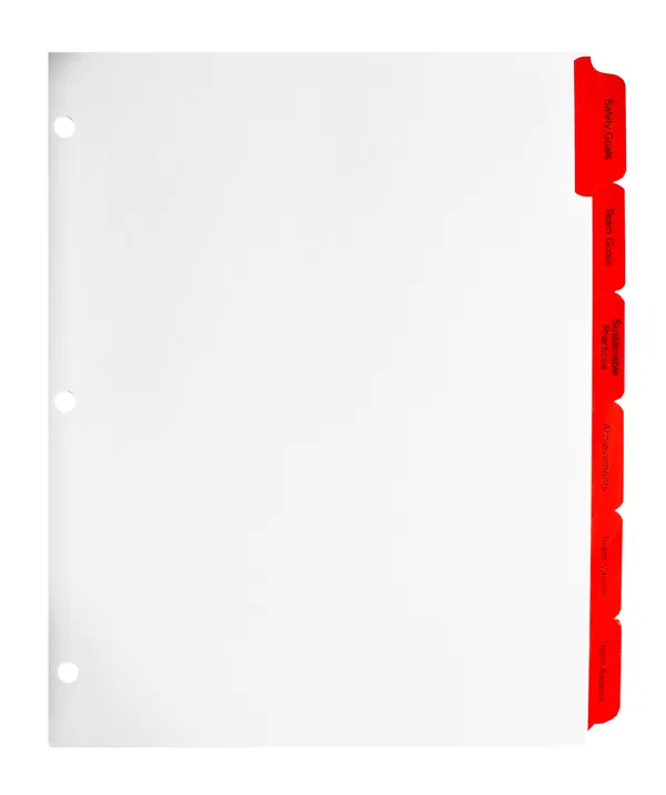 Paper index tab divider with red Mylar reinforced tabs and three-hole punching