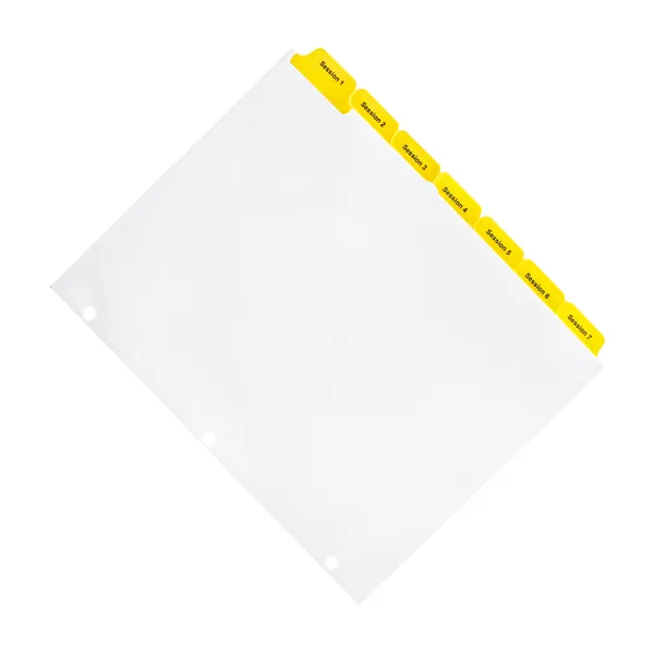 Angled paper index tab divider showing yellow Mylar tab extensions