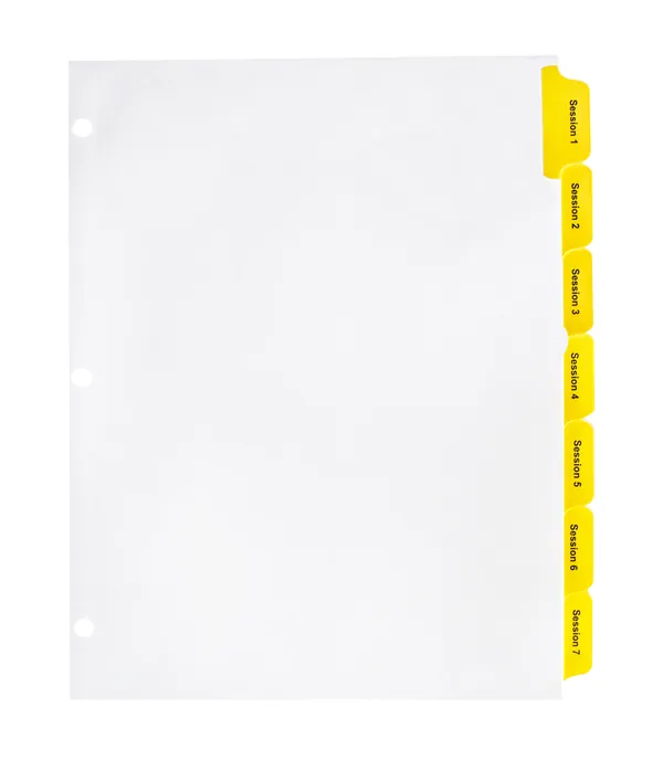 Paper index tab divider printed with yellow Mylar reinforced tabs and three-hole punching