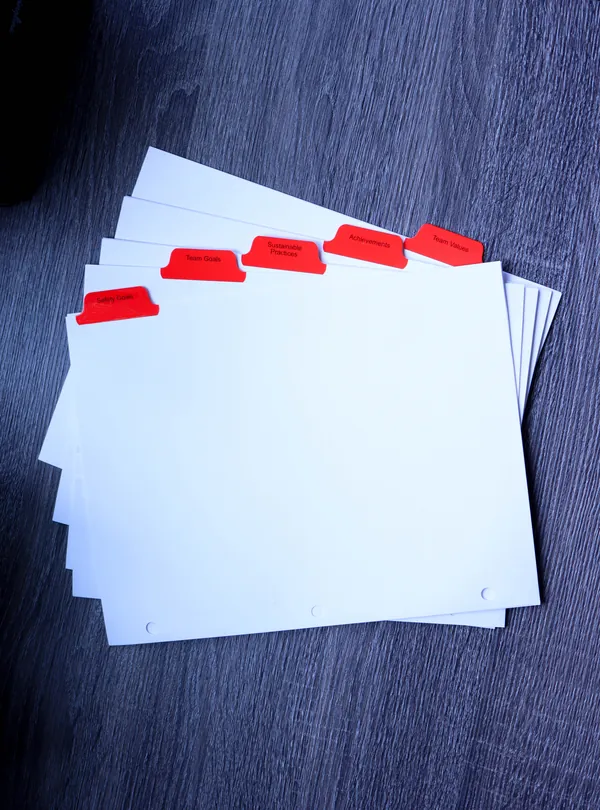 Red Mylar index tab divider set fanned to show all five tab positions