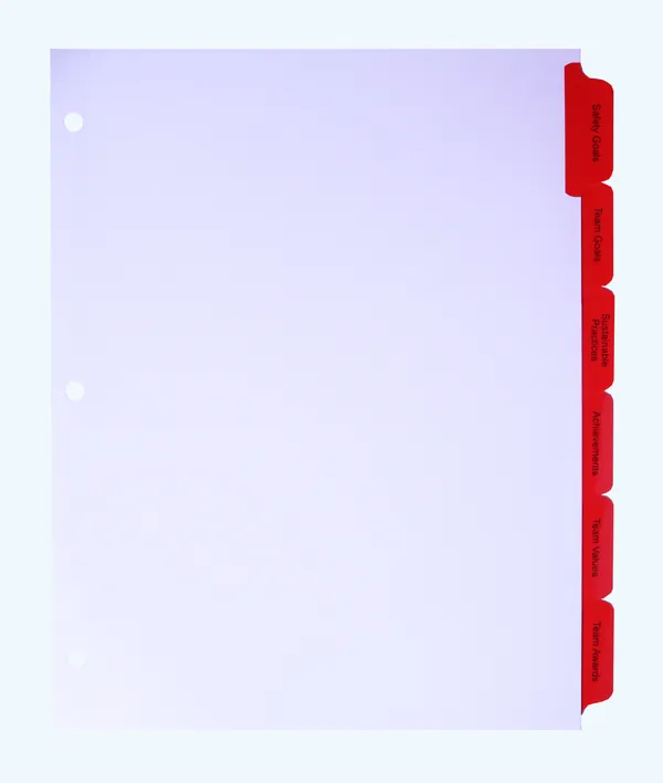 Index tab dividers with red Mylar reinforced tabs on white index stock