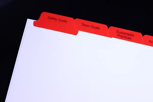 Red Mylar compliance binder tabs printed Safety Goals, Team Goals and Sustainable Practices