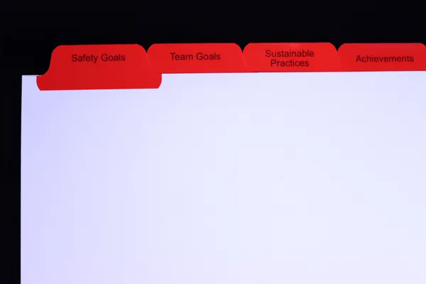 Printed red safety and compliance index tabs reading Safety Goals, Team Goals, Sustainable Practices and Achievements