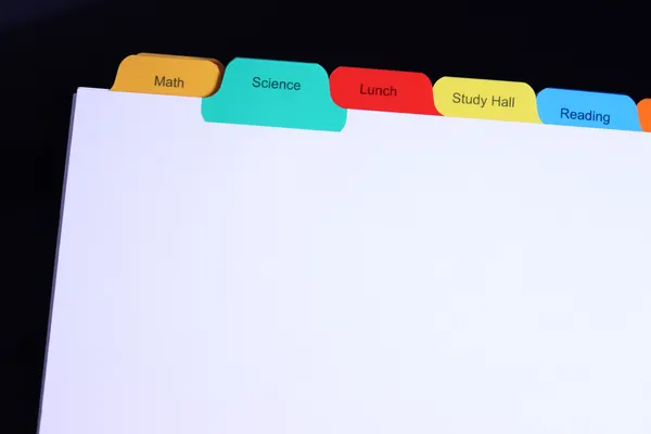 Color-coded school index tabs printed Math, Science, Lunch, Study Hall and Reading