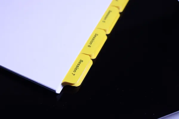 Macro view of the Mylar film reinforcing the edge of a printed index tab