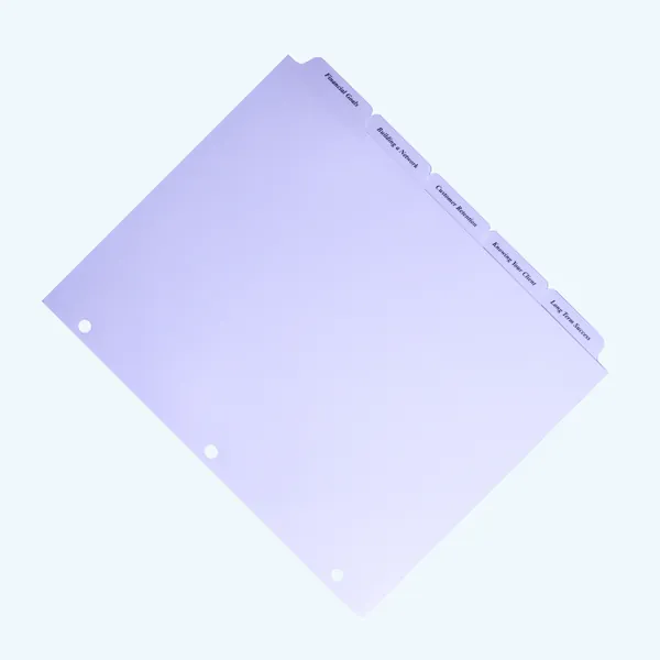 Angled view of index tab dividers with clear Mylar tabs printed with advisor section titles on white index stock